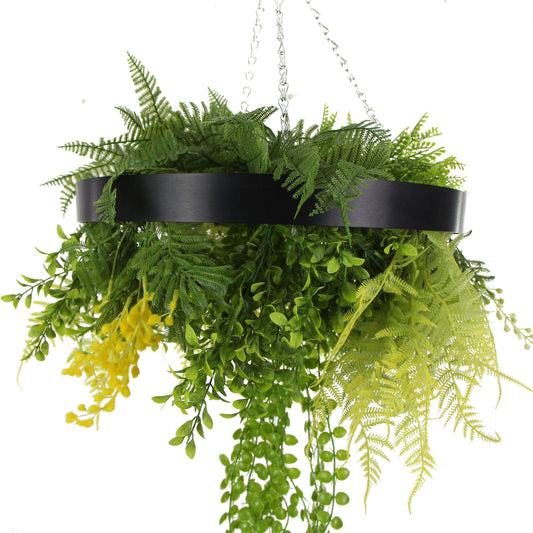 Black Framed Roof Hanging Disc With Draping Life-Like Plants 40cm-1