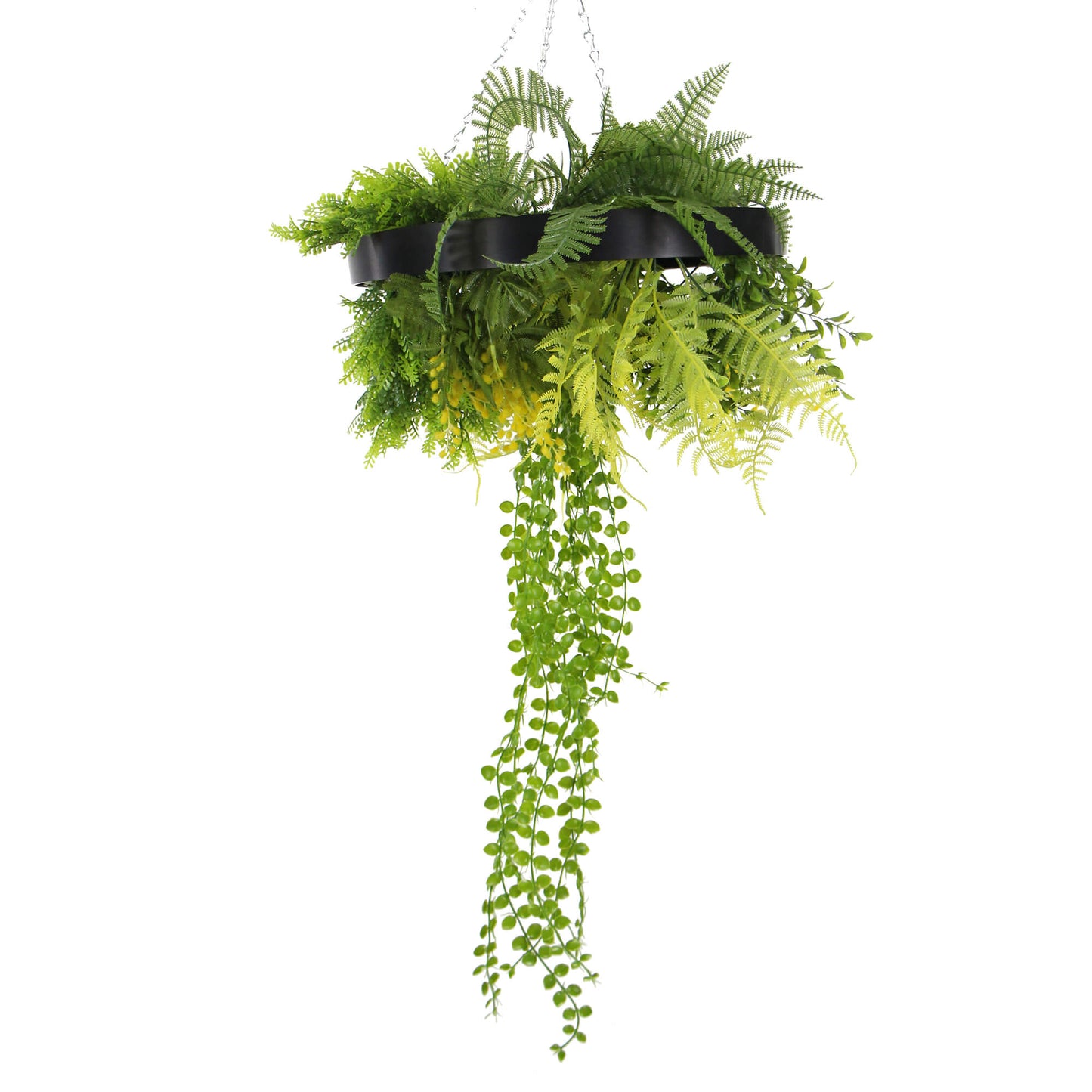 Black Framed Roof Hanging Disc With Draping Life-Like Plants 40cm-0