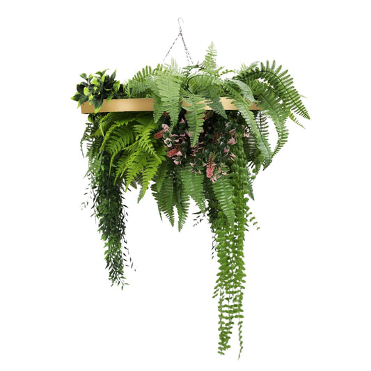 Gold Framed Roof Hanging Disc with Draping Life-Like Plants UV Resistant 60cm-0