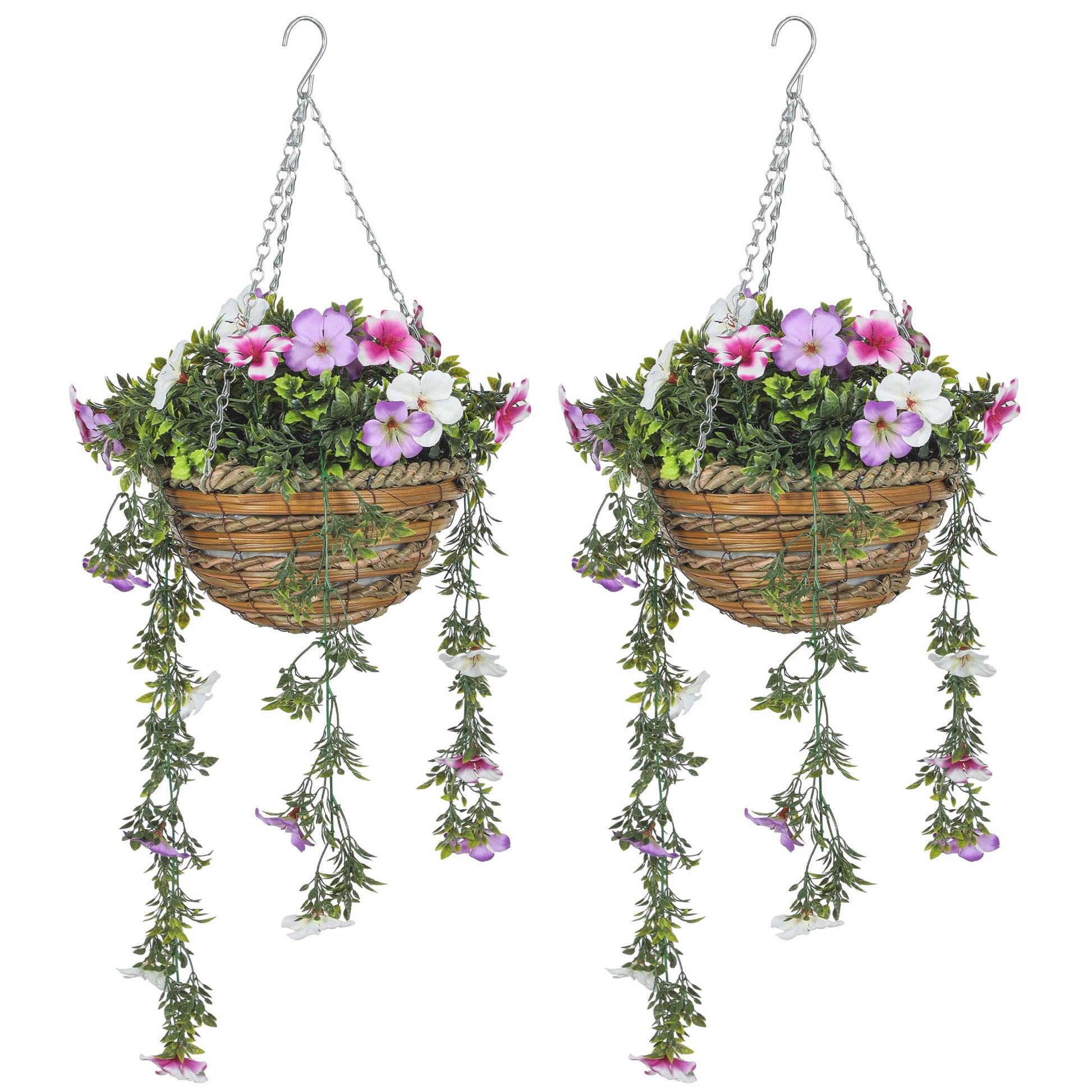 Set of 2 Decorative Artificial Plants, Faux Silk Azalea Flowers in Hanging Baskets, Fake Plants for Home Indoor Outdoor Decor, Pink and White-0